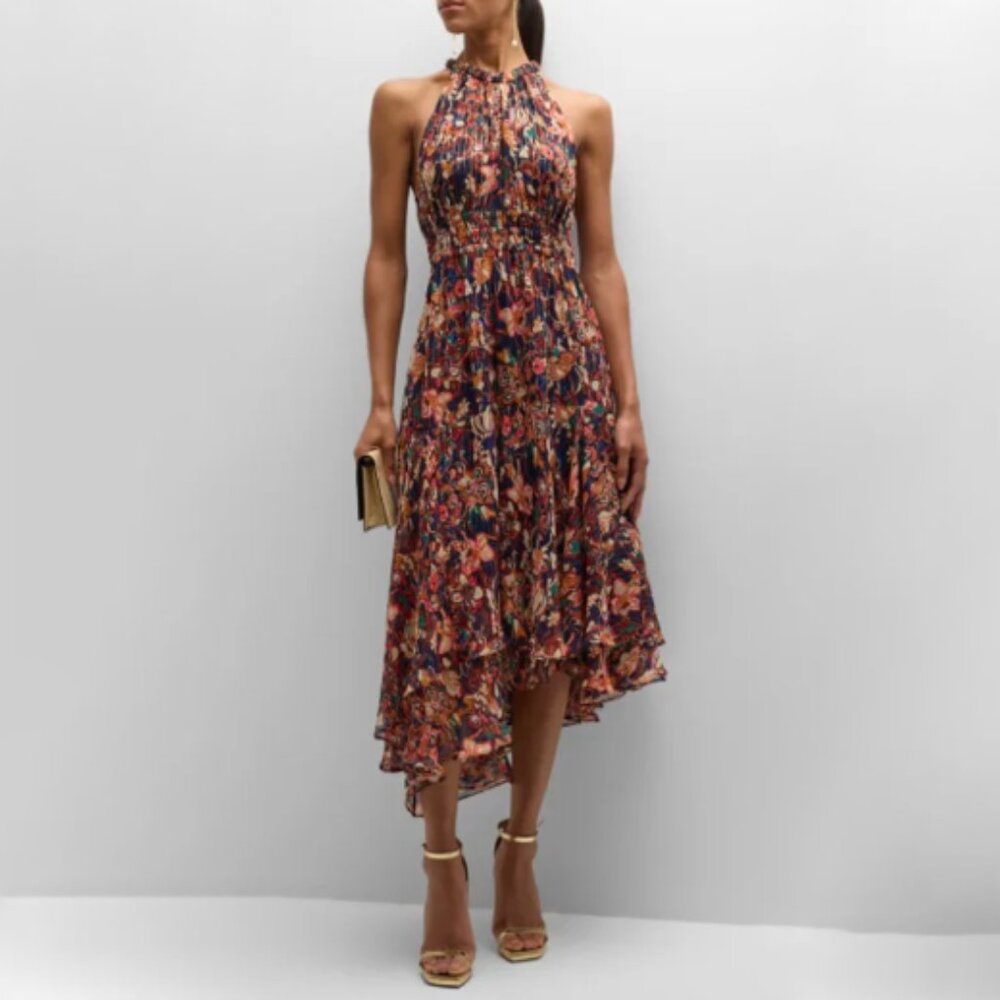 A.L.C. Elaine Floral High-Neck A-Line Midi Dress 0